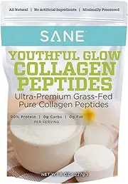 SANE Youthful Glow Collagen Hydrolysis Powder - Organic Grass Fed Bovine, Hydrolyzed Collagen Protein for Hair, Nails, Skin & Joint Health. Supports Anti-Aging. Unflavored, GMO + Gluten Free, No MSG.