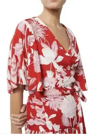BNWT WITCHERY Red Pink Floral Wrap Tie Blouse Flutter Sleeve Shirt Top Size 8