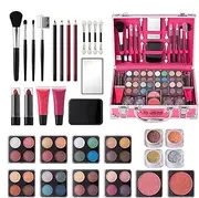 Makeup Case with Brushes, Eyeshadow Makeup Set, Lipgloss Makeup Kit, Full Makeup Set for Beginners, Beauty Train Case with Makeup, Compact Makeup Kit for Students, Makeup Kit with Brush Set