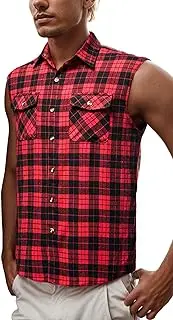 [KEOYA] Men Plaid Sleeveless Shirts Flannel Button Down Casual Top Western Casual Muscle Shirts