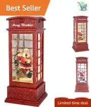 Whimsical Santa in Telephone Booth Snow Globe with Swirling Glitter & Music