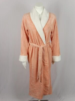 Womens Isotoner Lt Peach Robe Super Soft Plush Off-White Trim Warm Spa Bathrobe