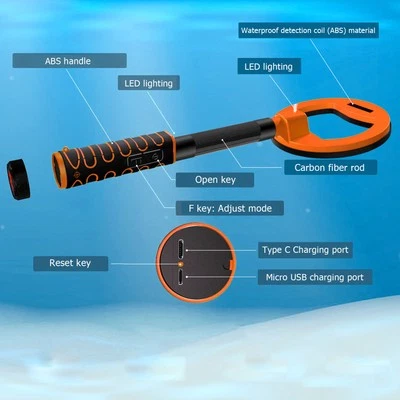 Orange Underwater Metal Detector IP68 Waterproof 30m‑60m Handheld ABS Housing