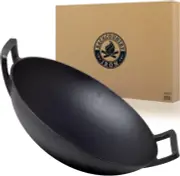 Backcountry Iron 14 Inch Cast Iron Wok with Flat Base and Handles