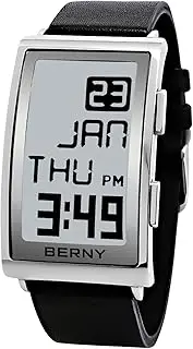 [BERNY] Men's Digital Sports Watch E-Ink Display Fashion LED E-Paper Watch Curved Dial Leather Band Watches with Two-time Zone Waterproof Wristwatches