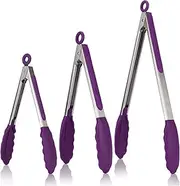 315℃ Heat Resistant Kitchen Tongs: U-Taste 18/8 Stainless Steel Cooking Tongs Set of 3, with Non-Stick BPA-Free Silicone Tips, for Food Grill, Salad, BBQ, Frying, Serving, 18/23/30 cm (Purple)