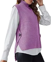 [Qolkmuiy-GJ] Women's Turtleneck Sweater Vest High Neck Sleeveless Pullover Crochet Gilet Casual Loose Cable Knit Waistcoat