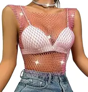[Swbreety] Rhinestone Tops for Women See Through Fishnet Mesh Crop Top Sleeveless Tank Tops for Rave Party Clubwear