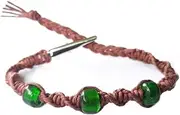 [Hempnotic Jewelry] Green Glass Beaded Adjustable Alligator Clip Brown Hemp Bracelet - Handmade