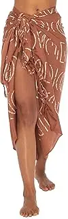 [Back From Bali] Womens Print Sarong Coverup Swimsuit Pareo with Boho Fringe & Coconut Clip - Wrap Skirt or Beach Shawl
