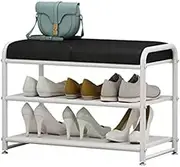 End of Bed Bench, Upholstered Entry Shoe Storage 3 Shelf Shoe Rack Bench, Metal Frame Ottoman Bench for Closet Bedroom Entry Window Mudroom Living Room (Color : /Black B)