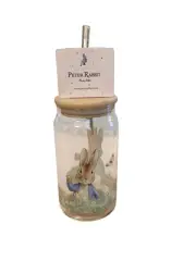 Beatrix Potter Peter Rabbit Floral Glass Tumbler Wooden Lid & Glass Straw