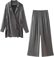 [Generic] Women's Two Piece Lapel Tie Long Sleeve Jacket Elegant Suit Loose High Waist Wide Leg Pants Two Piece Set