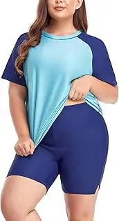 [Inno] Women's Plus Size 2 Piece Rash Guard Swimsuits Short Sleeve with Boyshorts UPF 50+ Surfing Swimwear 1X 2X 3X 4X 5X 6X, Set (Shirt & Shorts), Lake Blue, 3X-Large