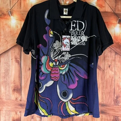 ED HARDY Christian Audigier Black Shirt Women's 3XL Butterfly Graphic Bedazzled
