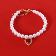 Heart Embellished Pendant Faux Pearl Necklace Pet Collar (Various Designs) Red - M
