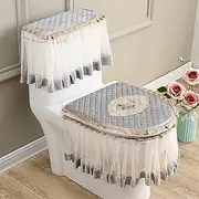 ALAGPNPMZH 3pcs Toilet Seat Cover Green Gray Tank Cover Lace Decorative Toilet Case Bathroom Washable Closestool Seat Cover Toilet seat(Light Grey)