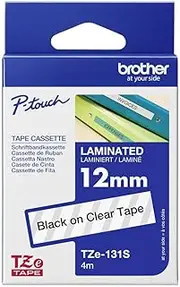 Brother TZe-131S Labelling Tape Cassette, Black on Clear, 12mm (W) x 4M (L), Laminated, Brother Genuine Supplies