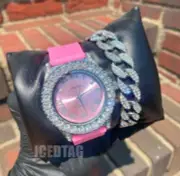 HIP HOP SILVER PT LUXURY PINK SILICONE BAND WATCH & ICED BLING OUT BRACELET SET