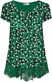 [XiaoMaAnJi] Plus Size Tops for Women Short Sleeve Tunic Shirt Lace Extender A Line O-Neck Swing Blouse Dressy