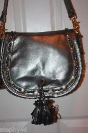 NWT! BADGLEY MISCHKA Lg Pewter Metallic Leather Tassel NOELLE Shoulder Bag $398