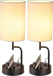 Dreamholder Bedside Table Lamp with 3 USB Charging Ports, Modern Desk Lamp with Phone Stands, Perfect Lamp for Bedroom, Living Room, Office (Pack of 2) Linen