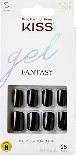 KISS Gel Fantasy Ready-to-Wear Press-On Gel Nails, “Aim High”, Short, Black, Nail Kit with 24 Mega Adhesive Tabs, Pink Gel Glue, Manicure Stick, Mini File, and 28 Fake Nails