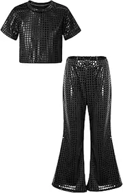 [Aislor] Kids Boys Girls Jazz Disco Hip Hop Dance Outfits Short Sleeve Shiny Crop Top with Bell Bottom Trousers Set