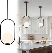 Black Pendant Light Kitchen Island 15cm Globe Opal Glass Shade Adjustable Height Mid Century Modern Pendant Lighting for Dinning Room Bedroom Bathroom hallways Laundry Room and Entryways