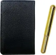 [タキザワ] 2023 Grain Cowhide Leather Black Business Card Holder Solid Brass Screw Cap Bullet Ballpoint Pen Set MEIB-EGS2023