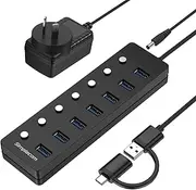 Simplecom CH375C 7-Port USB 3.0 Hub with USB-A and USB-C 5Gbps Individual Switches and Power Adapter