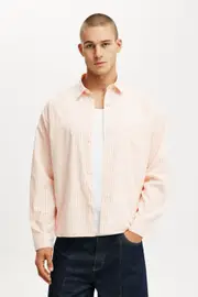 [Cotton On Men] Cotton On Men - Hampton Long Sleeve Shirt - Apricot stripe M APRICOT STRIPE