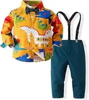 [Abolai] Little Boys Gentleman Long Sleeves Woven Shirt with Bowtie + Suspenders Pants Two-Piece Set