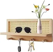 Rattan Wall Shelf | Hangable Wooden Boho Shelves Wall Hook | Farmhouse Decoration Rustic Wall Organizer, Nursery Book Shelves with Hooks for Entryway Study Room