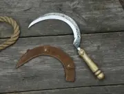 Hand-Forged Curved Sickle Knife – Rustic Blade with Wood Handle & Leather Sheath