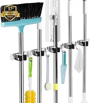 5 Racks and 4 Hooks Mop and Broom Holder Wall Mount, Broom Organizer Storage Tool Racks Stainless Steel Heavy Duty Hooks Self Adhesive Solid Non-slip for Home Kitchen Garden Laundry Garage