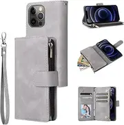 UEEBAI Wallet Case for iPhone 13 Pro 6.1 inch, Premium Vintage PU Leather Magnetic Closure Handbag Zipper Pocket Case Kickstand Card Slots with Wrist Strap Shockproof Flip Case - Grey