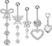 [kodivenj] 5pcs Belly Button Bars,Belly Bar 14G Navel Bars,Dangly Belly Button Piercing Jewellery,Silver Stainless Steel Belly Bars with Flower Butterfly Heart Navel Piercing Jewelry for Women Girls,