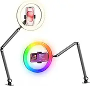 Desk Ring Light with Overhead Camera Mount, 10" Selfie Ring Light with Phone Holder, Adjustable Brightness LED Lighting for Video Recording, Content Creator Essentials for TikTok, Zoom Calls