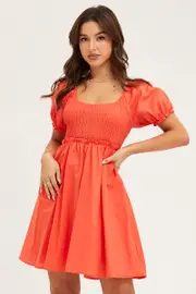 Orange Puff Sleeve Linen Shirred Skater Dress - Size 6, Women's Skater Dress