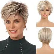 SHUOJIE Short Straight Pixie Cut Wig, Layered Wig with Bangs, Synthetic Natural Hair, Gradient White, 20cm