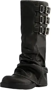 [MAVMAX] Women Fold Over Knee High Boots Casual Round Toe Coverd Slouched Leather Pull On Wide Calf Chunky Low Heel Platform Boots
