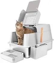 ESCRODOI Extra Large Stainless Steel Litter Box, Cat Litter Box with Quick Clean Flip-Top, Enclosed Cat Litter Tray, Litter Boxes with Litter Scoop & Footboard, Non-Stick, No-Odor, Durable, 60×42×38cm