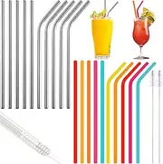 BDSHUNBF 22 PCS Straws, Metal Straws Drinking, Silicone Reusable Straws, BPA Free Stainless Steel Straws Drinking Straws with Cleaning Brushe for Smoothie, Milkshake, Cocktail and Hot Drinks