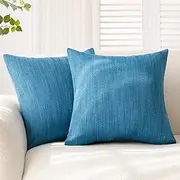[Foindtower] Set of 2 Decorative Textured Burlap Linen Throw Pillow Covers Farmhouse Boho Cushion Cover Solid Accent Pillowcase for Couch Sofa Bed Living Room Home Decor,18×18 Inch,Teal Blue