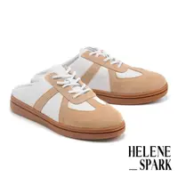 在飛比找momo購物網優惠-【HELENE SPARK】撞色拼接牛皮厚底休閒拖鞋(杏)