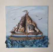 Handcrafted Driftwood and Seashell Sailboat on Painted 12" by 12" Canvas Panel