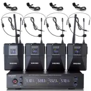 4 Channel UHF Wireless Microphone System with Lavalier Headset Mics, 4x50 Adj...