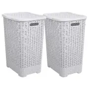 Large Plastic Wicker Laundry Hamper with Lid -SmokeWhite, 2 Pack (60 Liter)