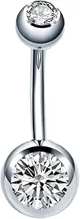 [strrng] Balls Titanium Belly Bars,Stainless Steel Belly Button Ring,Navel Piercings Rings Double Clear Gem,Silver Navel Ring Piercing Jewelry,Navels Piercing Jewelry for Women,Suitable for Both Men and Women